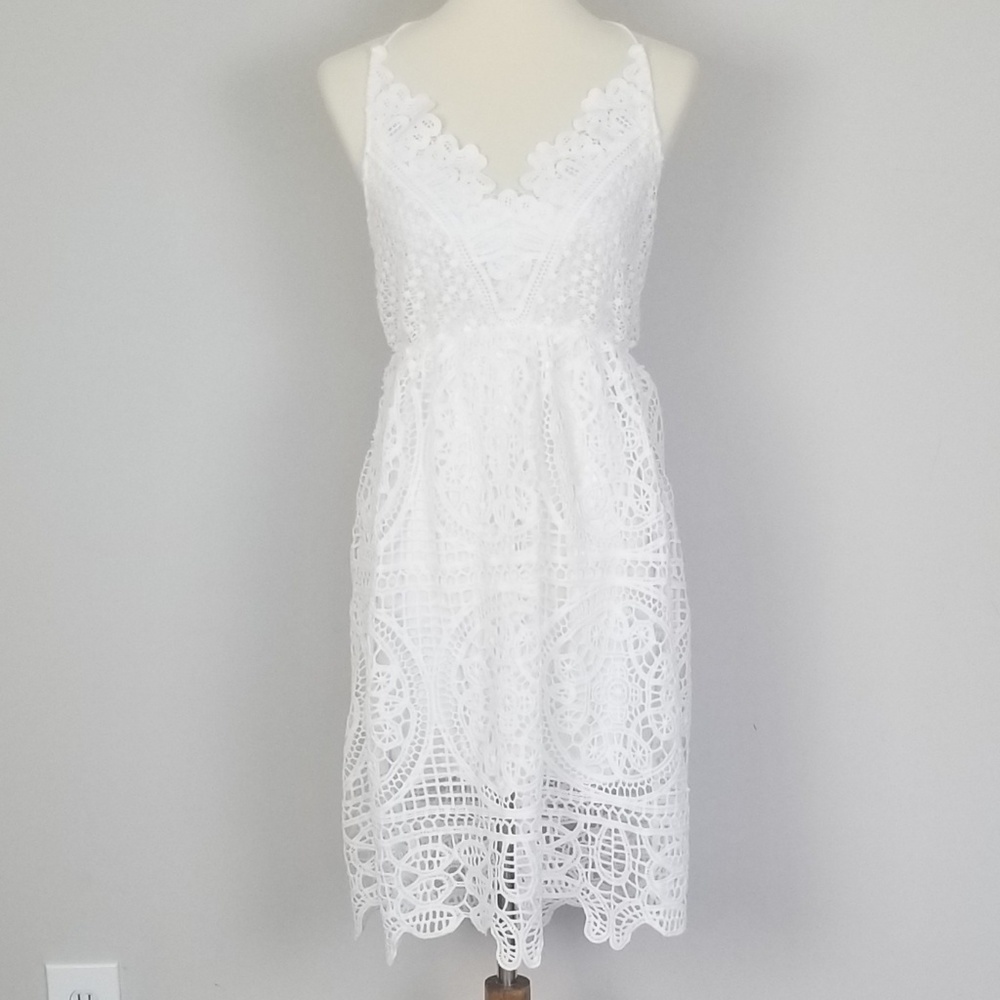 White Halter V-Neck Crochet Low Cross Back Dress